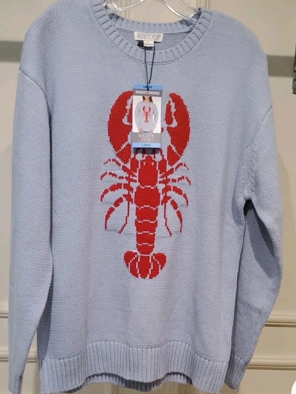 NWT Mighty Fine Light Blue Nautical Lobster Crewneck Sweater - Women Size Large - Picture 2 of 9